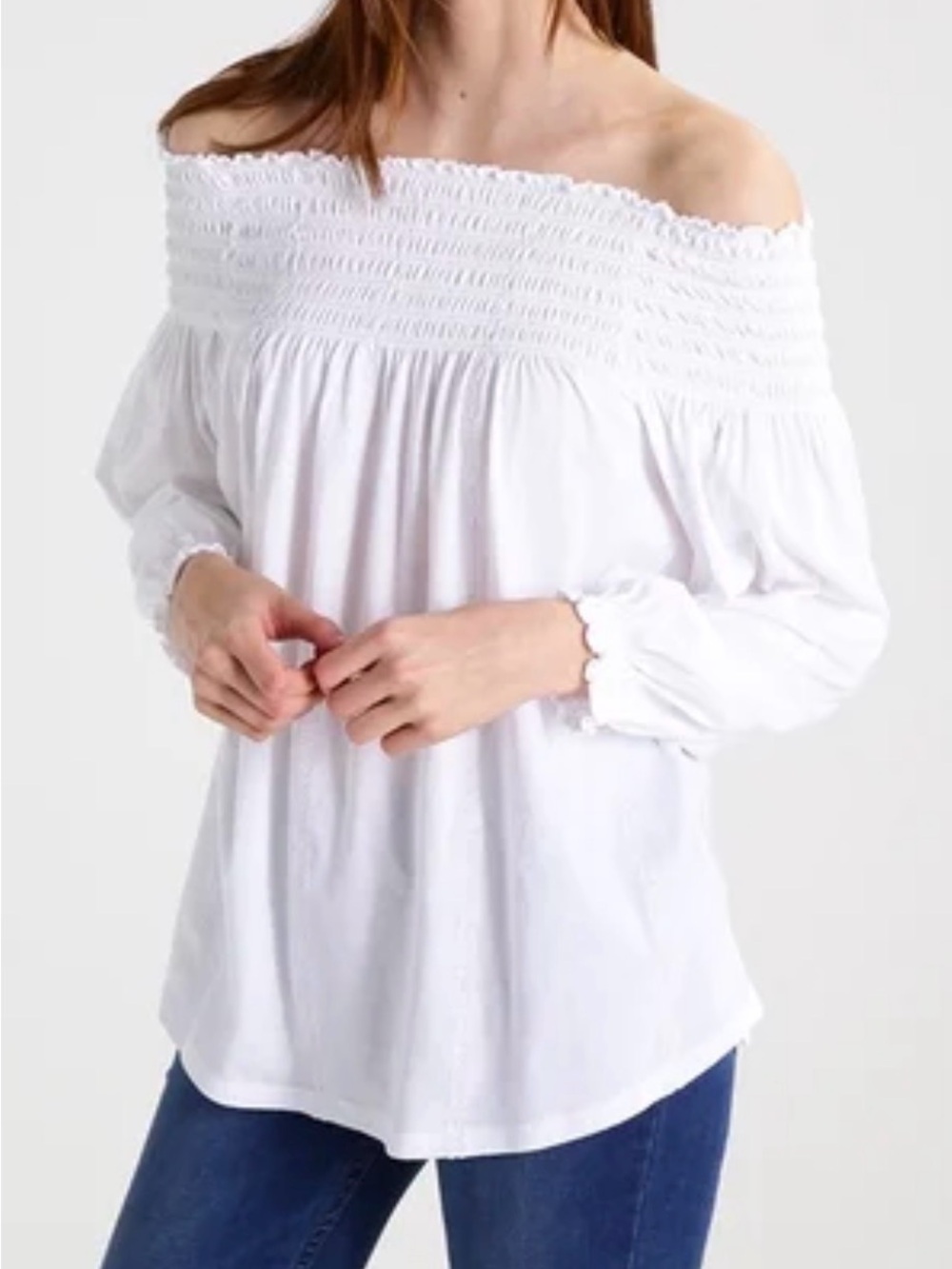 RALPH LAUREN White Off-Shoulder Smocked Boho Cottagecore Peasant Top Blouse S